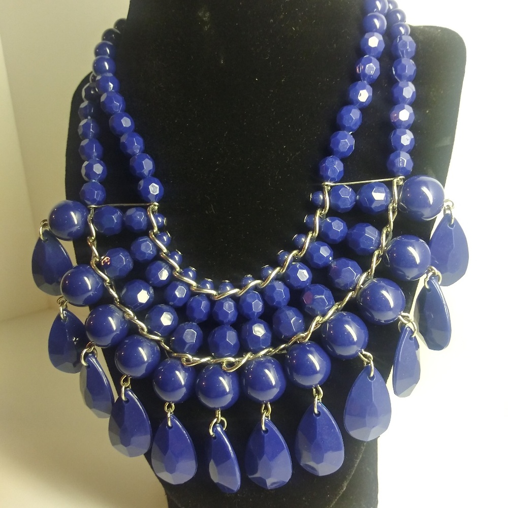 Royal blue double strand droplet bib necklace